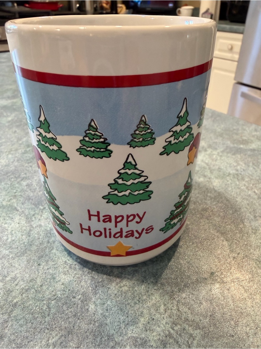 Happy Holidays Ceramic Mug - White with Green Trees and Red Accents